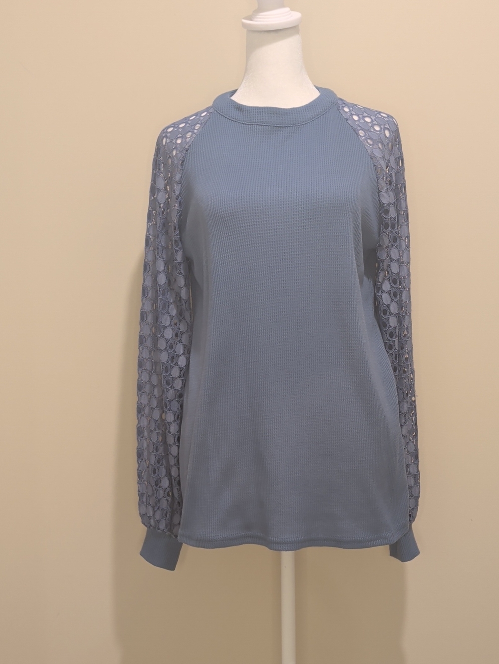 Miholl Blue Lace-Sleeve Waffle Knit Pullover Top